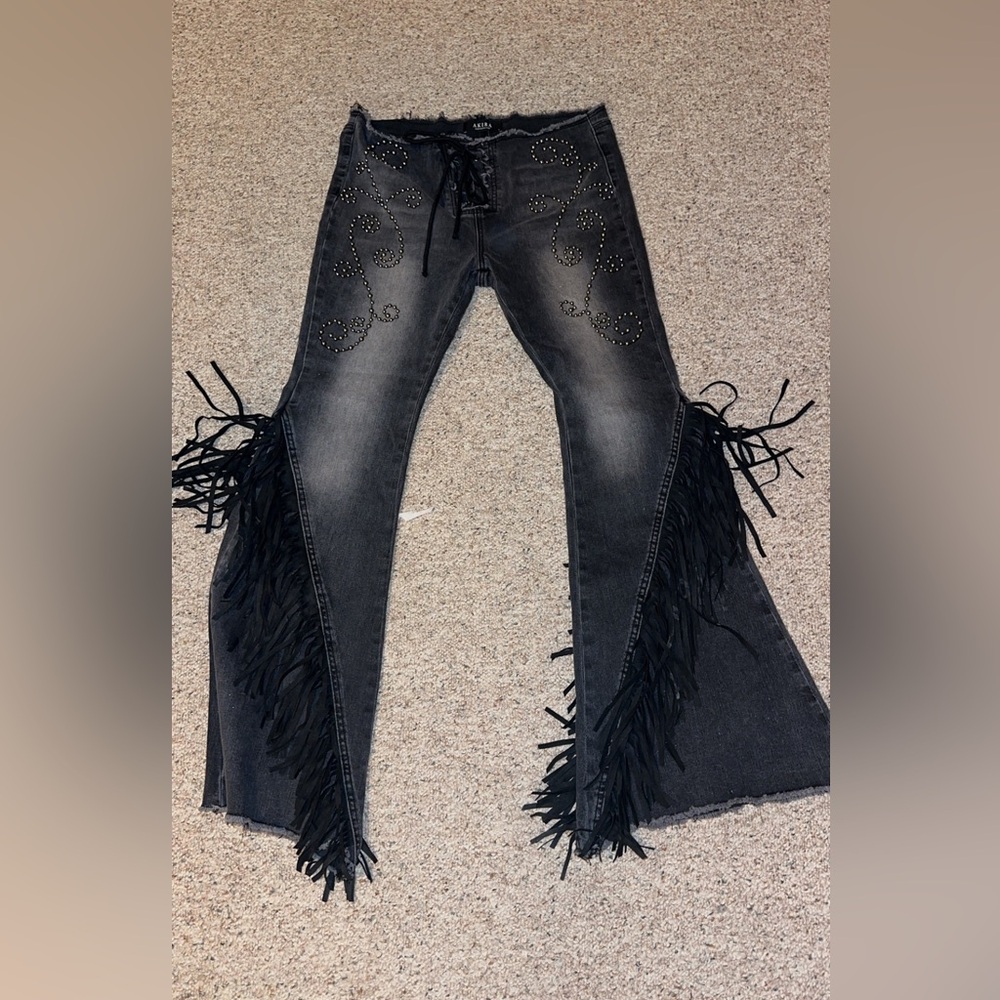 Akira Black denim fringe Button rivets Lace up pant 
Never worn, w/o tags Large